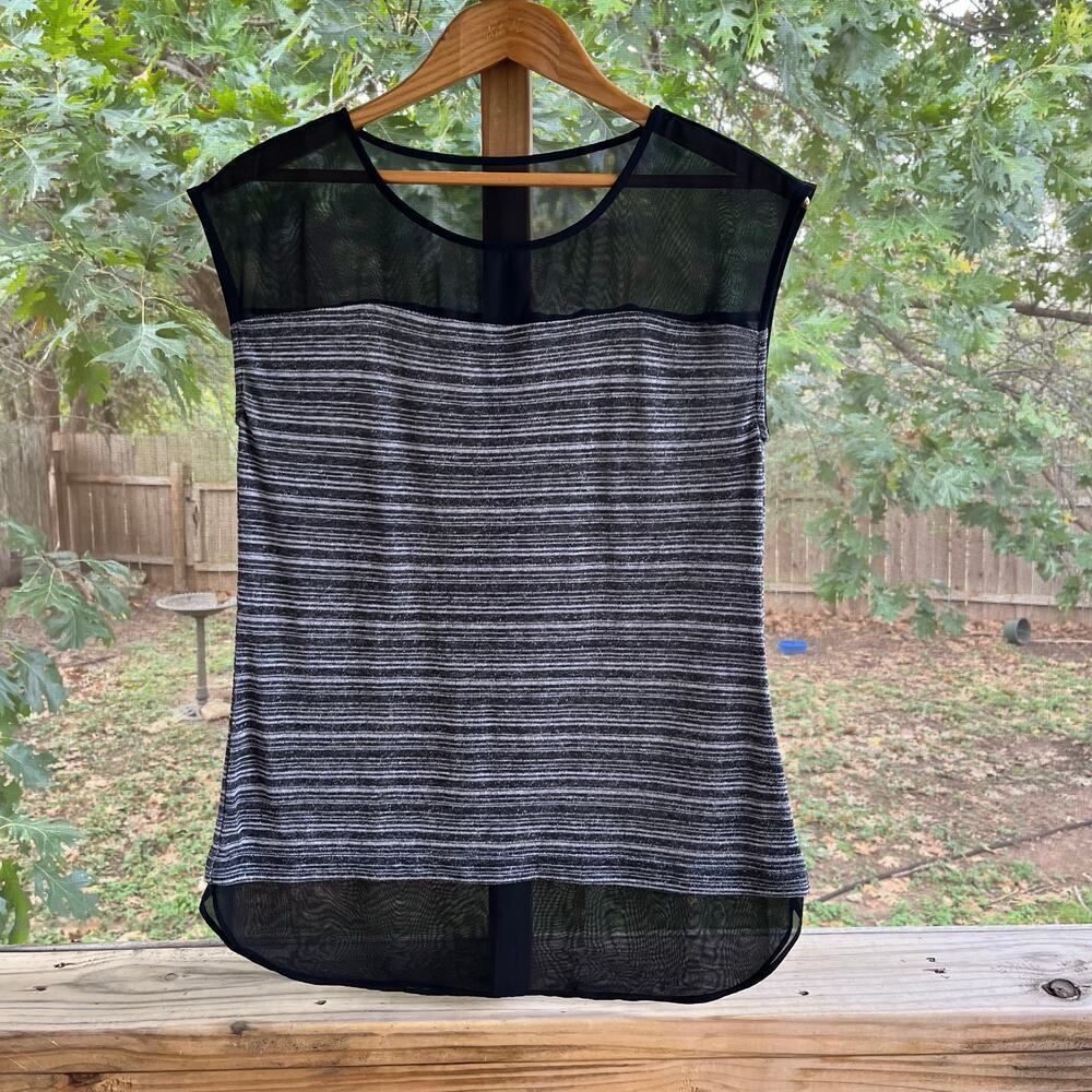 Ann Taylor Women's Black And Grey Striped Sheer Trim Top Size S. NEW